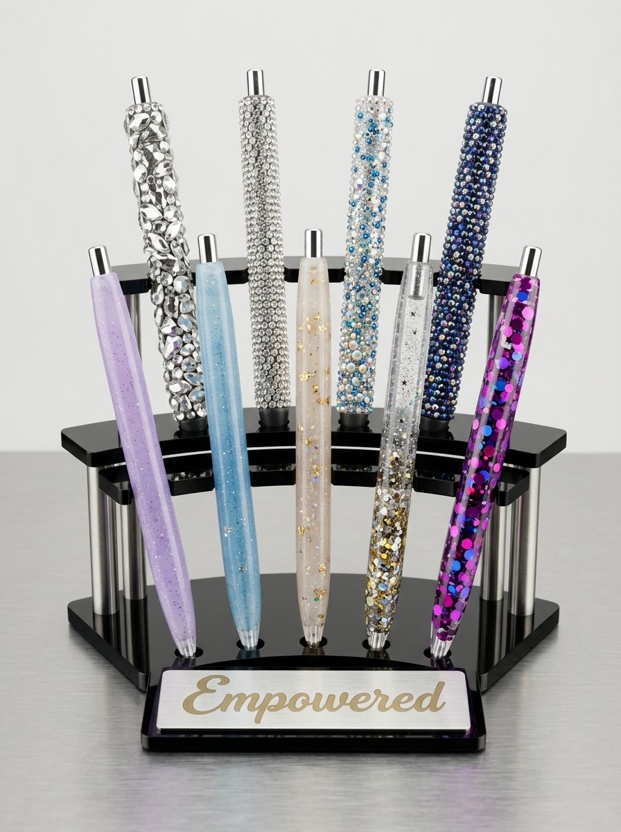 Custom pens arranged as branded accessories