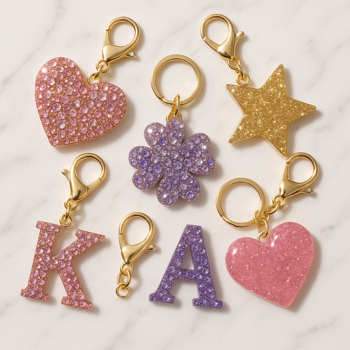 Custom keychains arranged on a soft neutral background