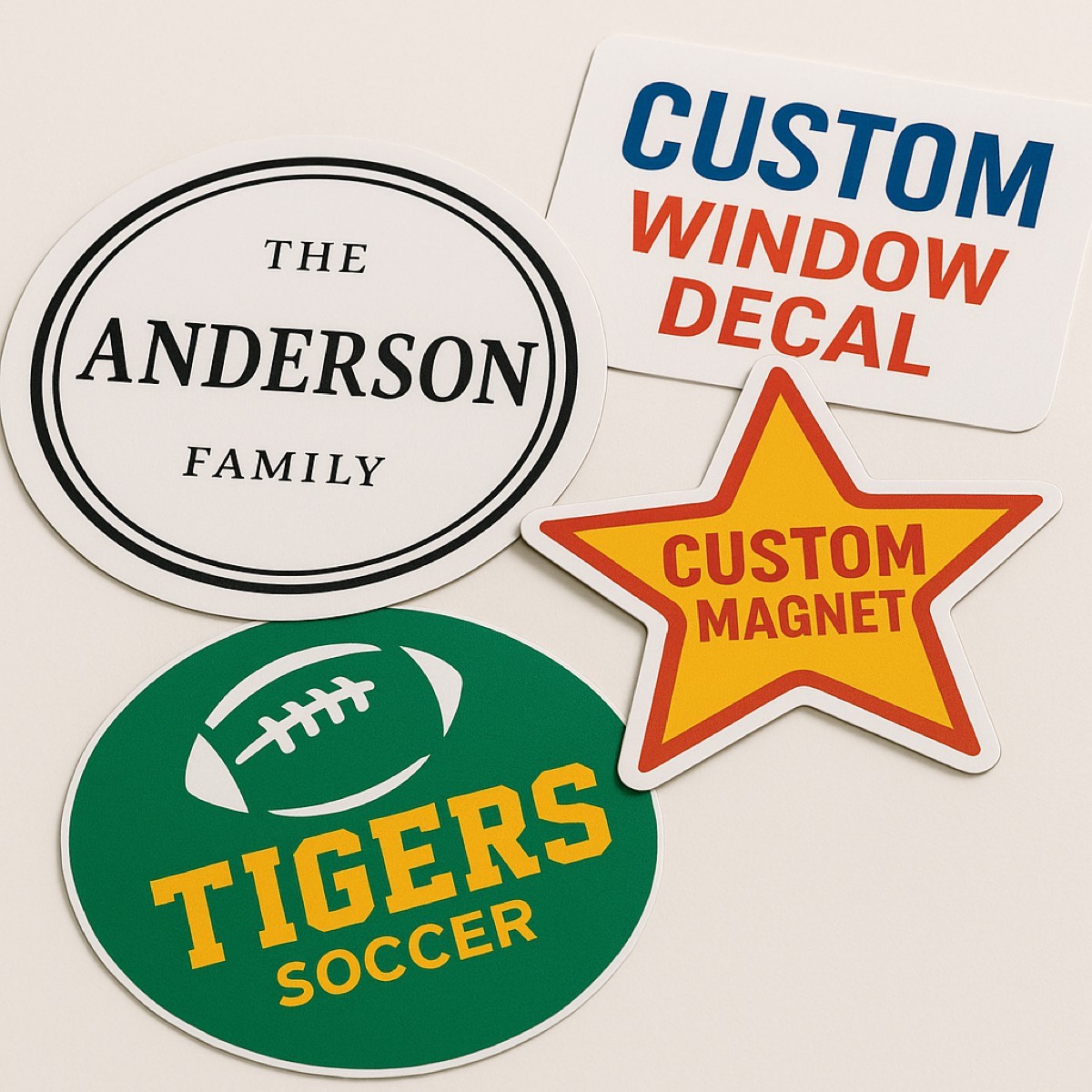 Custom magnets and decals displayed on a clean background