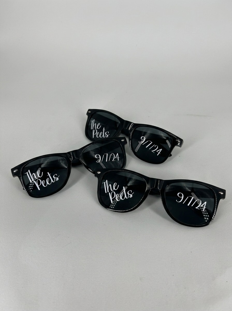 Custom wedding sunglasses with decorative lettering