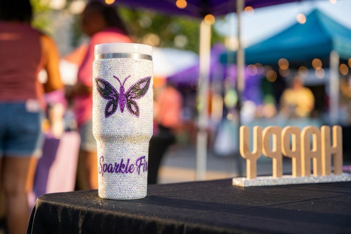 Rhinestone tumbler displayed at a busy pop-up merch booth