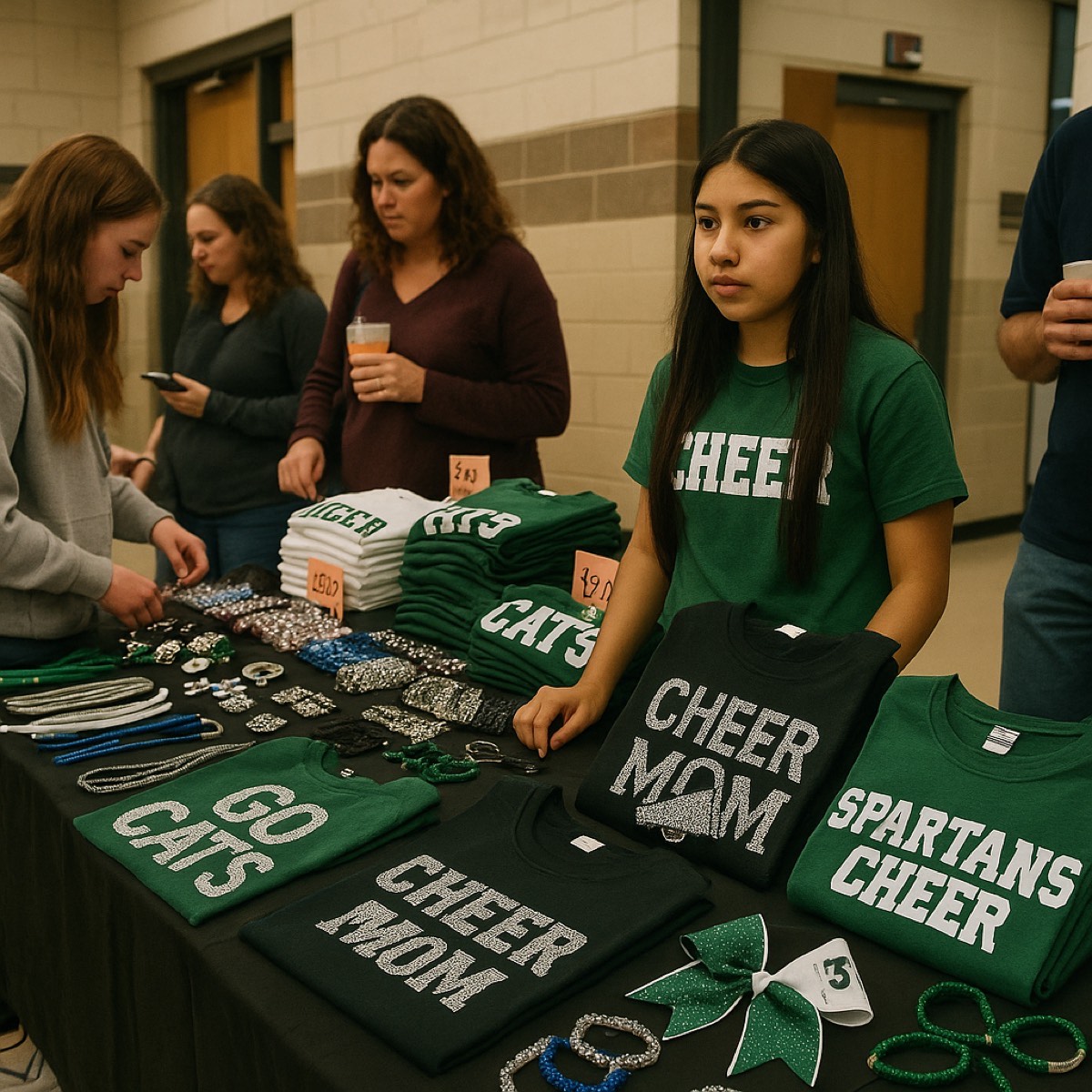School and cheer event merch booth setup