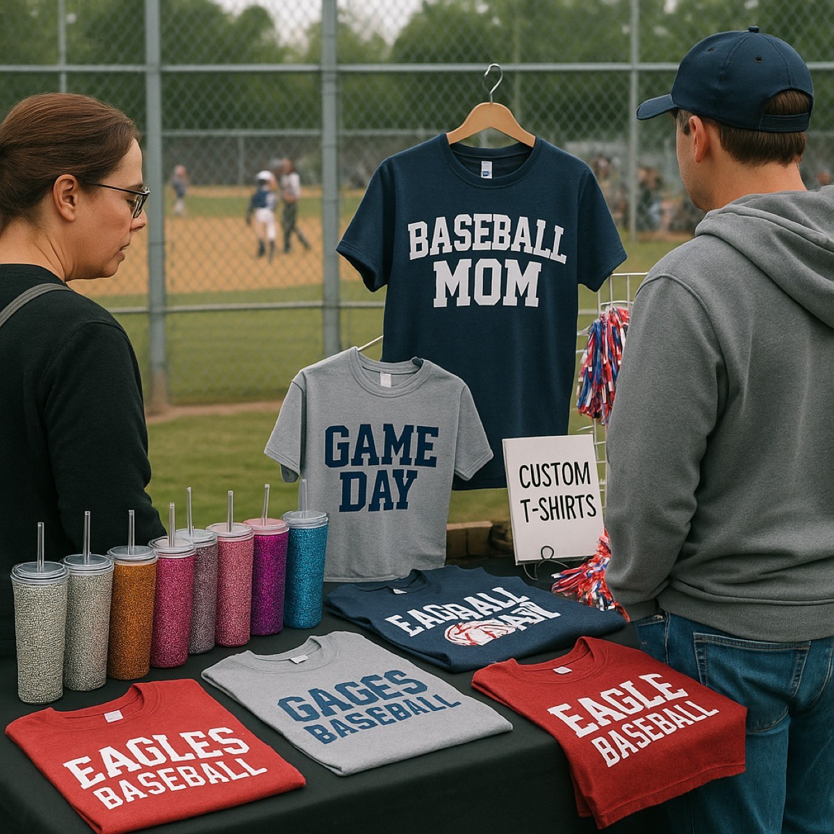 Youth sports tournament merch booth with spirit gear
